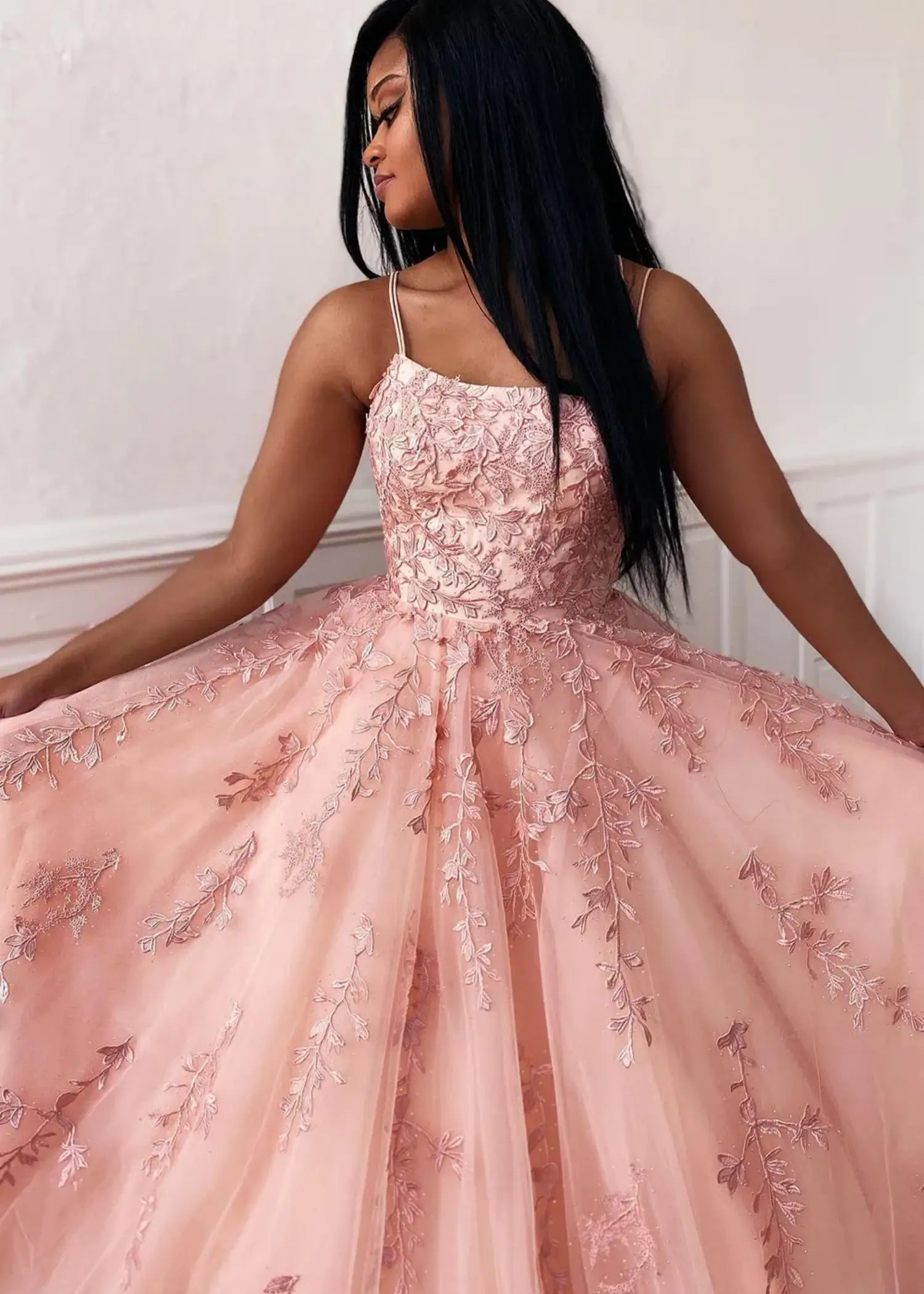 Amla |Ball Gown Royal Blue Spaghetti Straps Long Plus Size Prom Dress With 3D Flower - Pearl Pink - US0 - PromDressClub