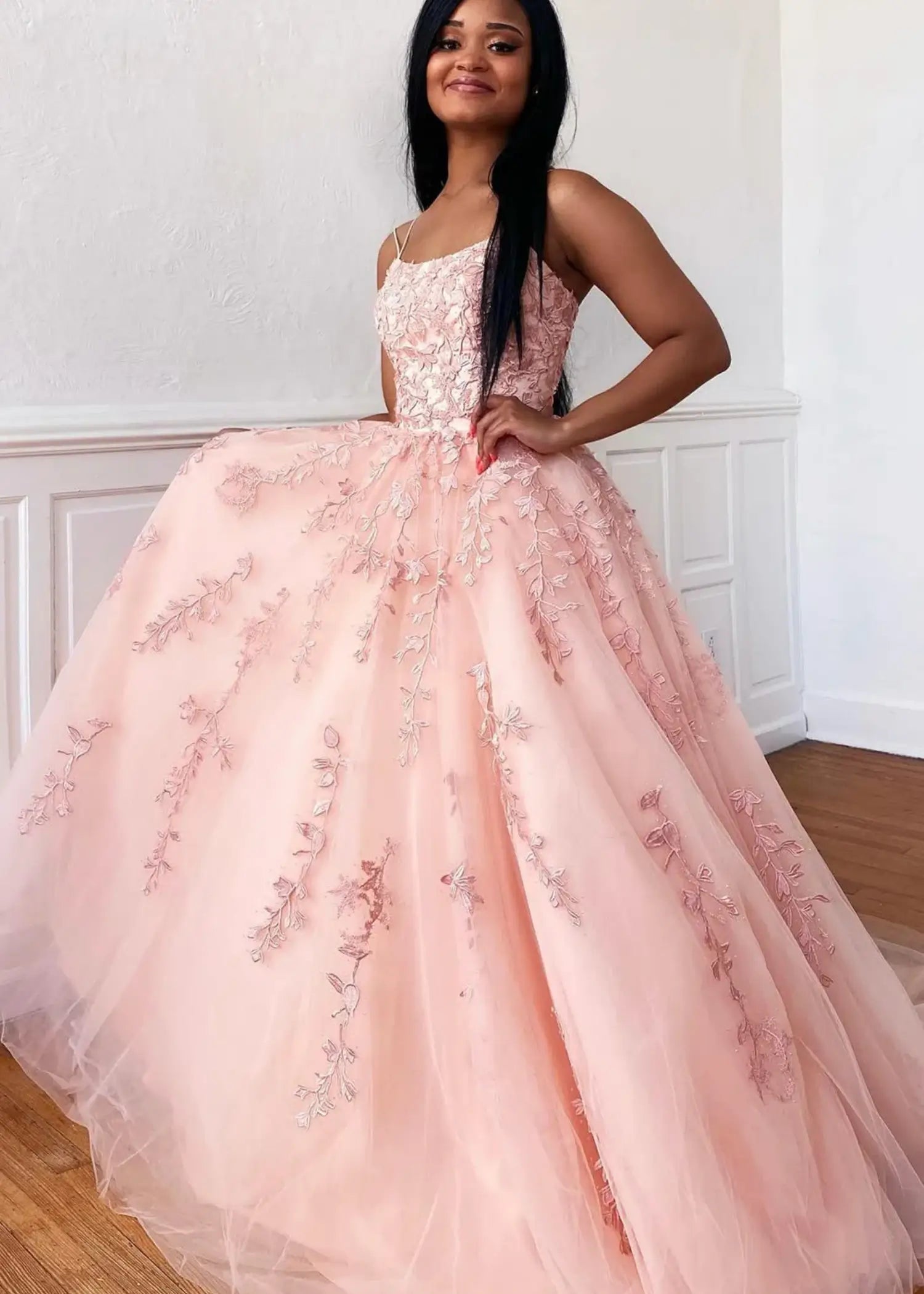 Amla |Ball Gown Royal Blue Spaghetti Straps Long Plus Size Prom Dress With 3D Flower - Pearl Pink - US0 - PromDressClub