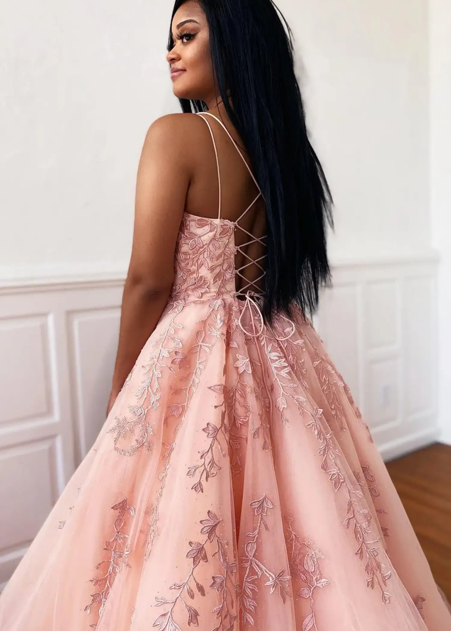 Amla |Ball Gown Royal Blue Spaghetti Straps Long Plus Size Prom Dress With 3D Flower - Pearl Pink - US0 - PromDressClub