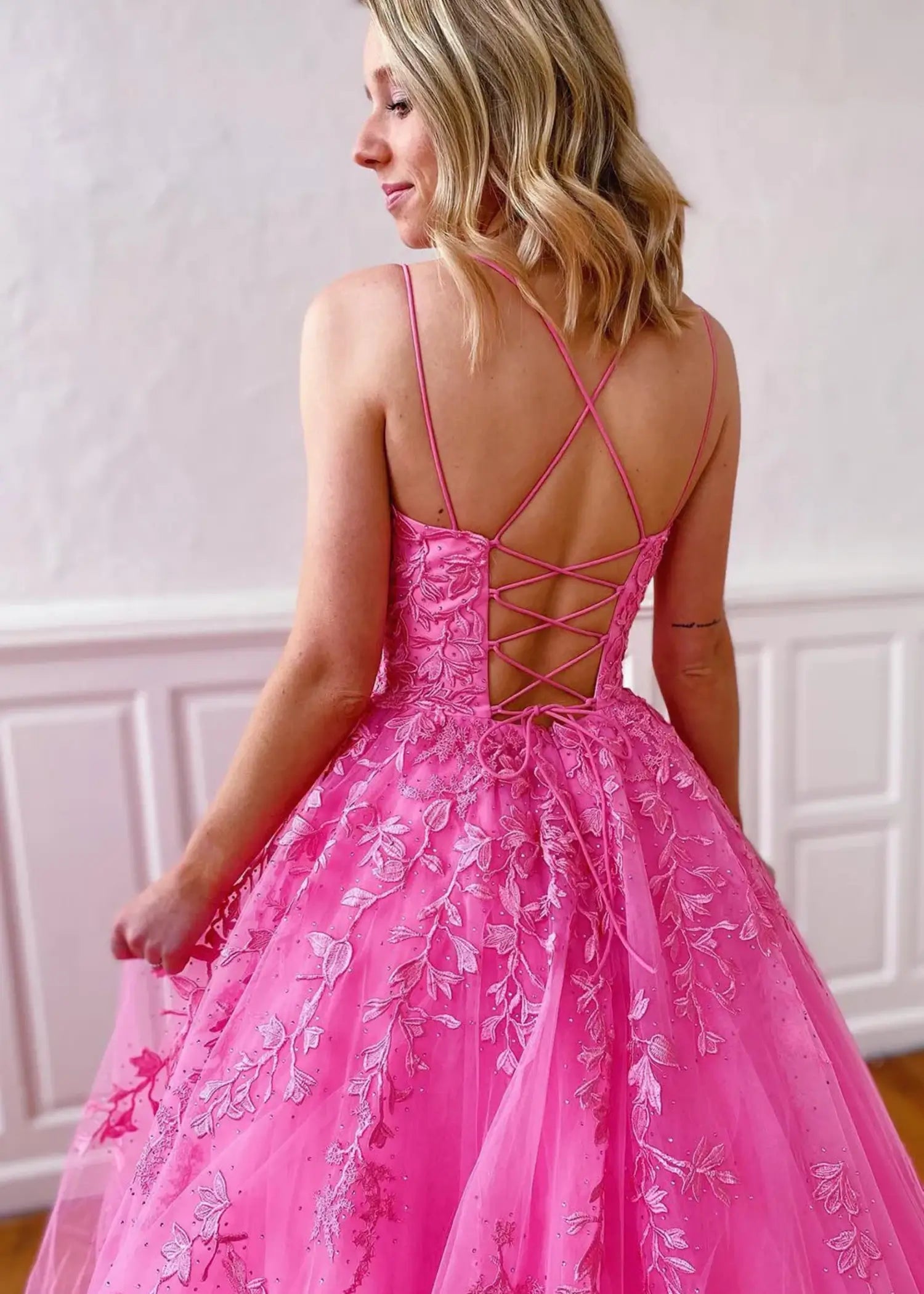 Amla |Ball Gown Royal Blue Spaghetti Straps Long Plus Size Prom Dress With 3D Flower - Pink - US0 - PromDressClub