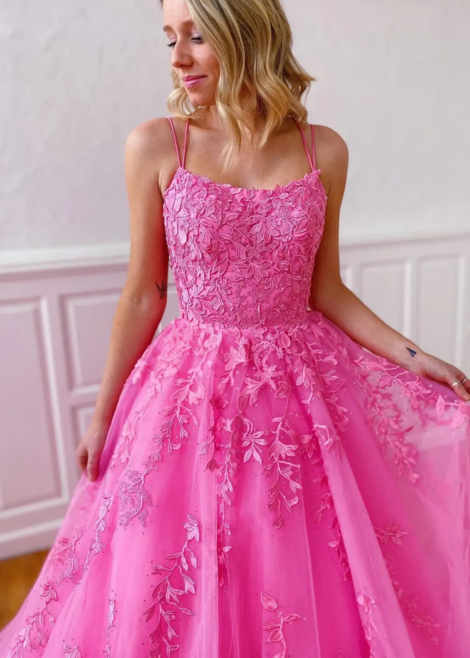 Amla |Ball Gown Royal Blue Spaghetti Straps Long Plus Size Prom Dress With 3D Flower - Pink - US0 - PromDressClub