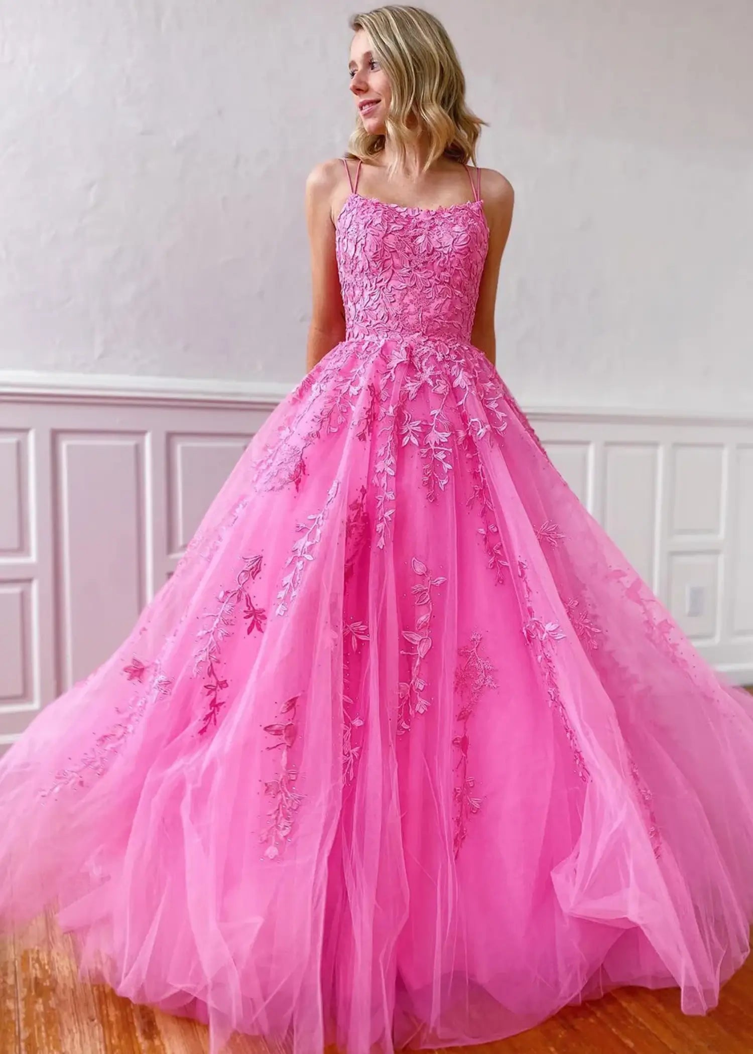 Amla |Ball Gown Royal Blue Spaghetti Straps Long Plus Size Prom Dress With 3D Flower - Pink - US0 - PromDressClub