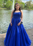 Amla |Ball Gown Royal Blue Spaghetti Straps Long Plus Size Prom Dress With 3D Flower - Royal Blue - US0 - PromDressClub