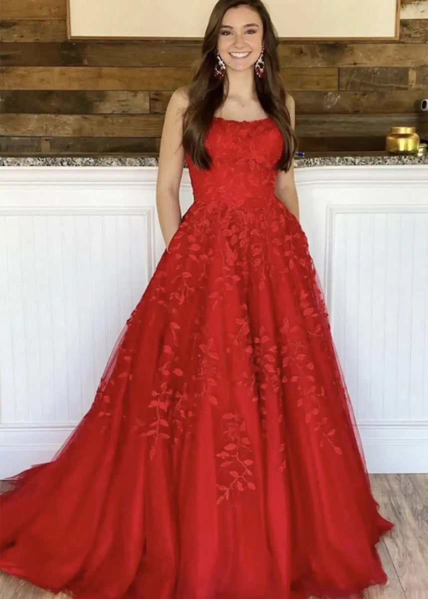 Amla | Plus Size Royal Blue and Light Pink Princess Lace Prom Dress - Red - PromDressClub