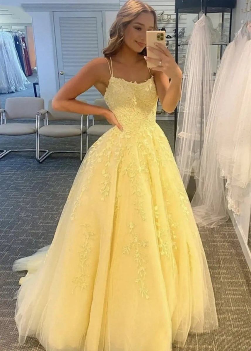 Amla | Plus Size Royal Blue and Light Pink Princess Lace Prom Dress - Yellow - PromDressClub