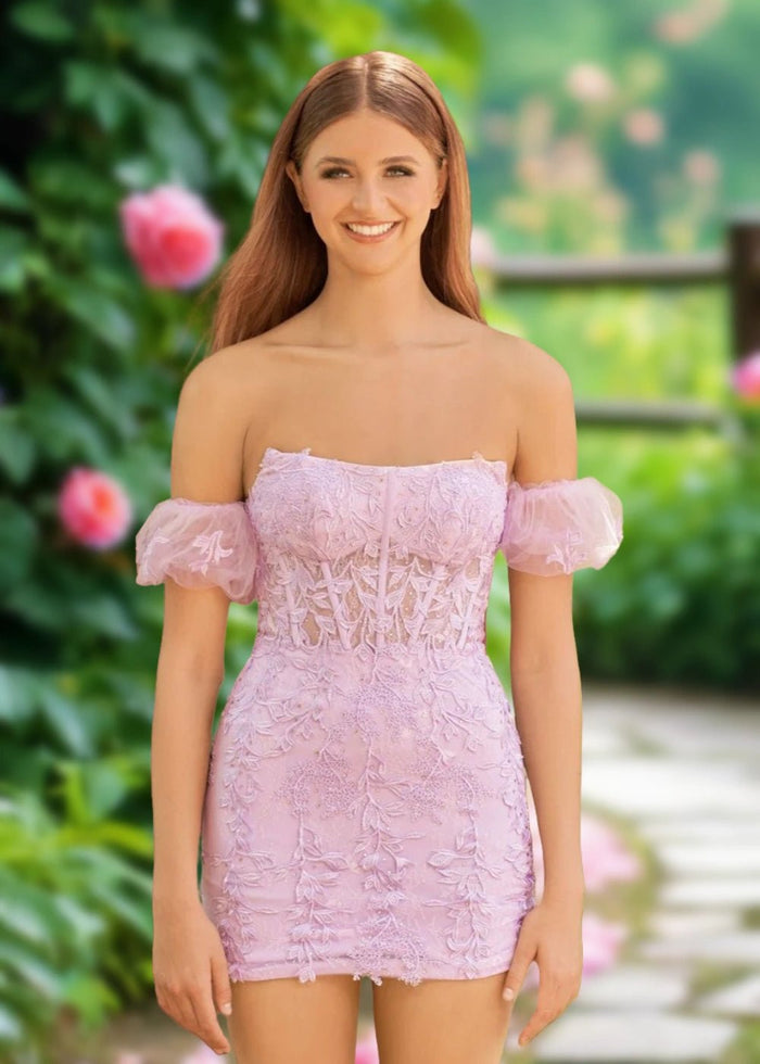 Amy | Bodycon Sage Green Lace Strapless Corset Homecoming Dress with Detachable Ballon Sleeves - Lavender - PromDressClub