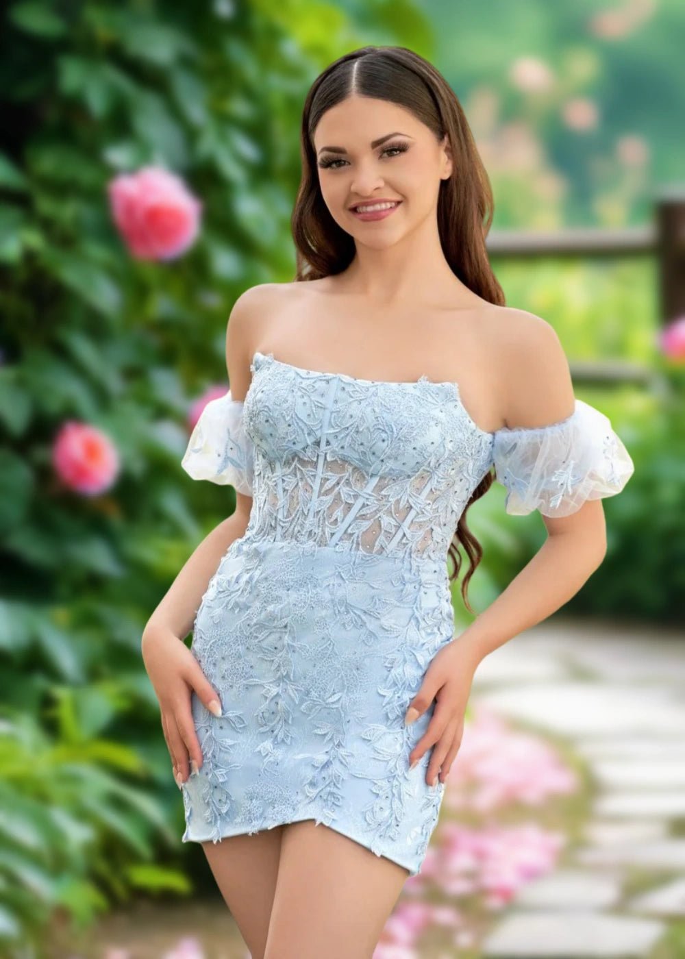 Amy | Bodycon Sage Green Lace Strapless Corset Homecoming Dress with Detachable Ballon Sleeves - Light Blue - PromDressClub