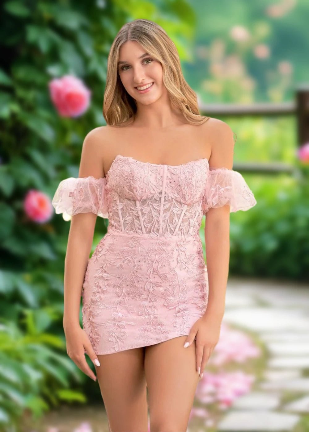 Amy | Bodycon Sage Green Lace Strapless Corset Homecoming Dress with Detachable Ballon Sleeves - Light Pink - PromDressClub
