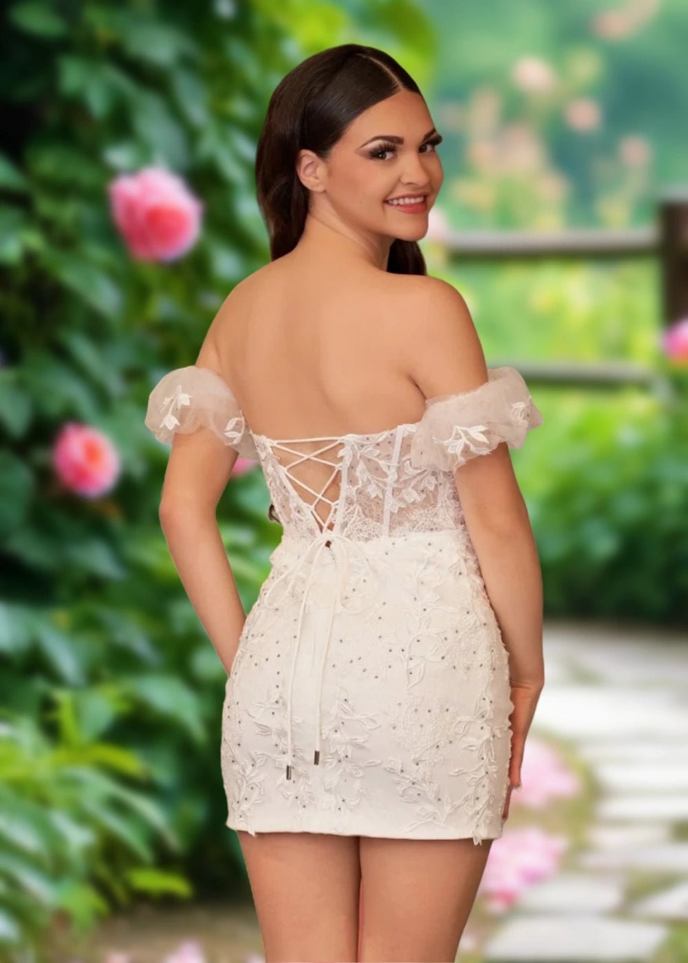 Amy | Bodycon Sage Green Lace Strapless Corset Homecoming Dress with Detachable Ballon Sleeves - White - PromDressClub