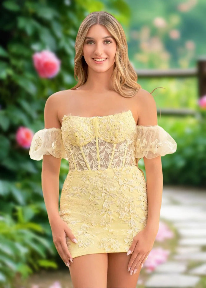Amy | Bodycon Sage Green Lace Strapless Corset Homecoming Dress with Detachable Ballon Sleeves - Yellow - PromDressClub