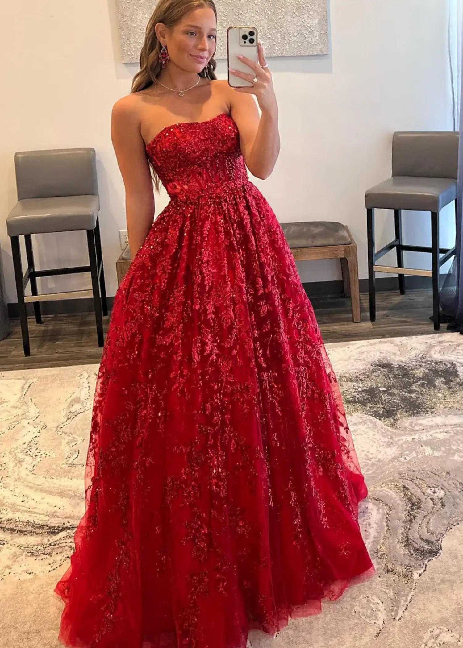 Angela |A - line Sequined Lace Royal Blue Long Prom Dress with Pockets - Red - US0 - PromDressClub