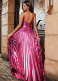 Angela |A Line Sparkly Fuchsia Halter Neck Long Prom Dress with Keyhole Slit - Fuchsia - US0 - PromDressClub