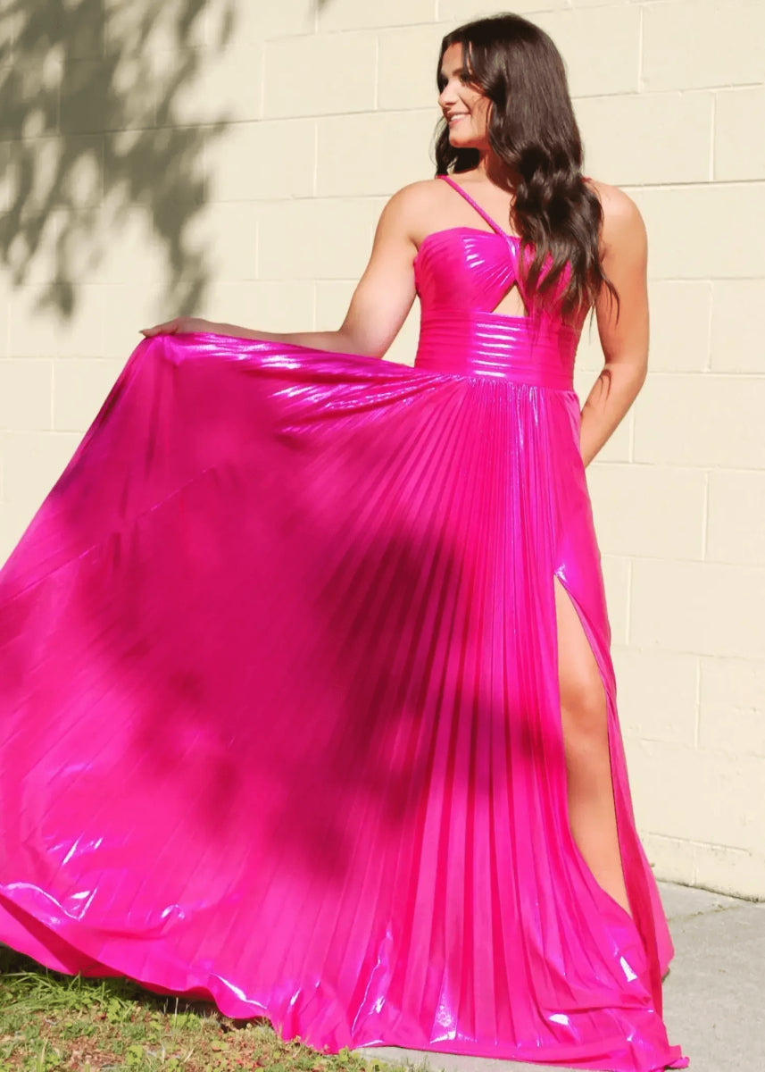Angela | Fuchsia A Line Slit in Metallic Prom Dress with Halter Top - Fuchsia - PromDressClub