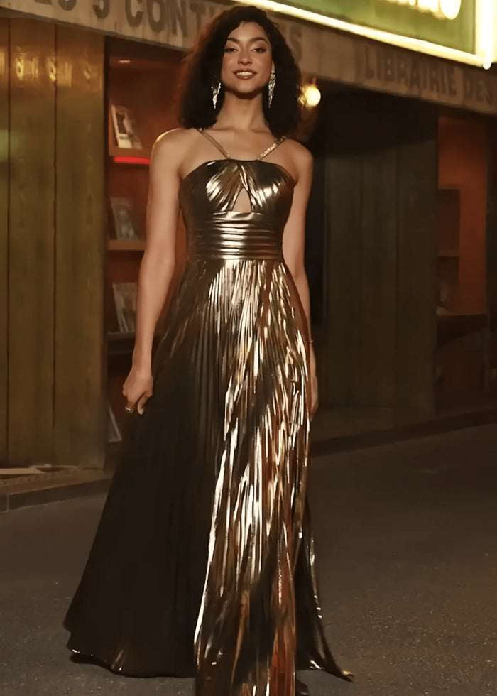 Angela | Fuchsia A Line Slit in Metallic Prom Dress with Halter Top - Gold - PromDressClub