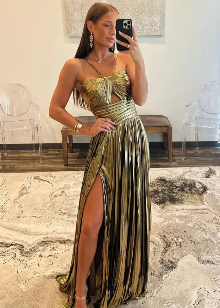 Angela | Fuchsia A Line Slit in Metallic Prom Dress with Halter Top - Gold - PromDressClub