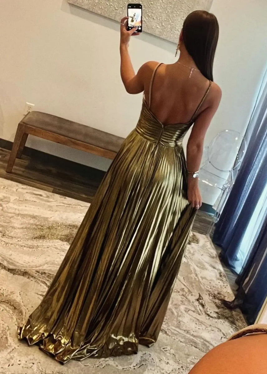 Angela | Fuchsia A Line Slit in Metallic Prom Dress with Halter Top - Gold - PromDressClub