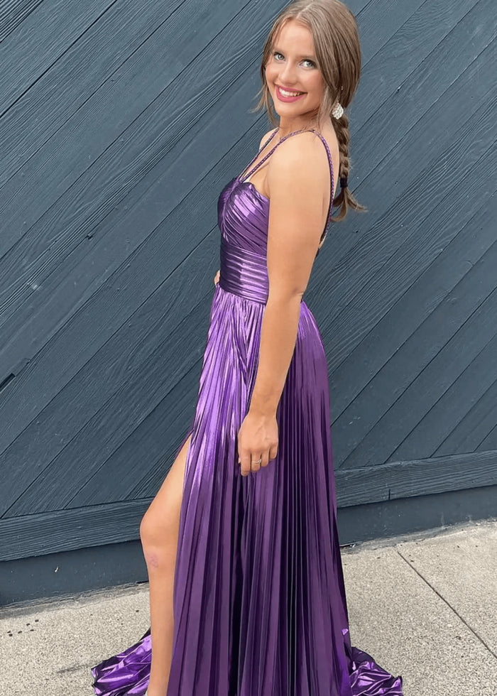 Angela | Fuchsia A Line Slit in Metallic Prom Dress with Halter Top - Purple - PromDressClub