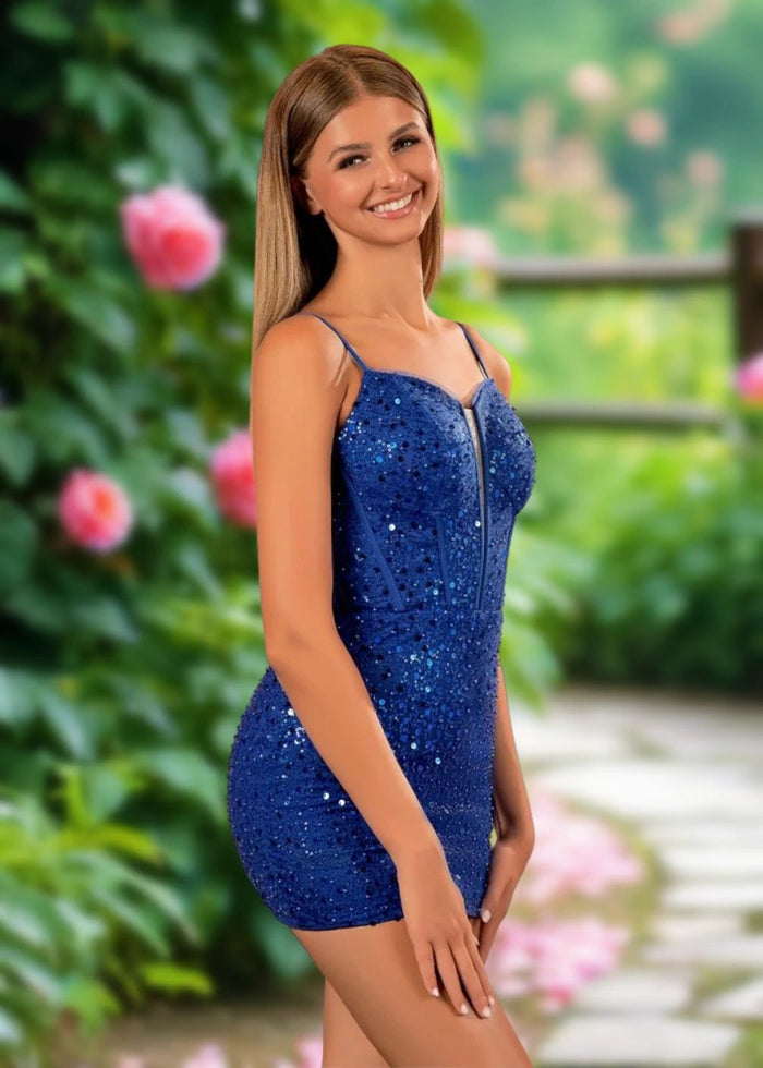 Anika | Bodycon Royal Blue Sequin Corset Backless Short Homecoming Dress - Royal Blue - PromDressClub