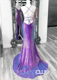 Ann |Dark Purple Prom Dress Long Mermaid Iridescent Sequins V Neck Lace - Up with Slit - Dark Purple - PromDressClub