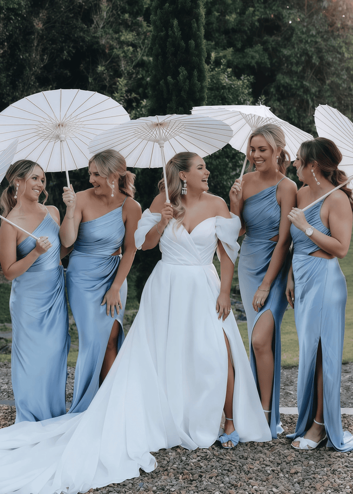 Ann | Sheath Pleated Cutout Fitted Light Pink Satin Maxi Bridesmaid Dress with Slit and One Shoulder - Price #price_variant_lowest# - Light Blue - PromDressClub