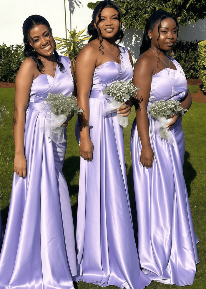 Annabelle | Mermaid Belt Stretch Lavender Satin Maxi Bridesmaid Dress with One Shoulder - Price #price_variant_lowest# - Lavender - PromDressClub