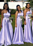 Annabelle | Mermaid Belt Stretch Lavender Satin Maxi Bridesmaid Dress with One Shoulder - Lavender - PROMDRESS Club