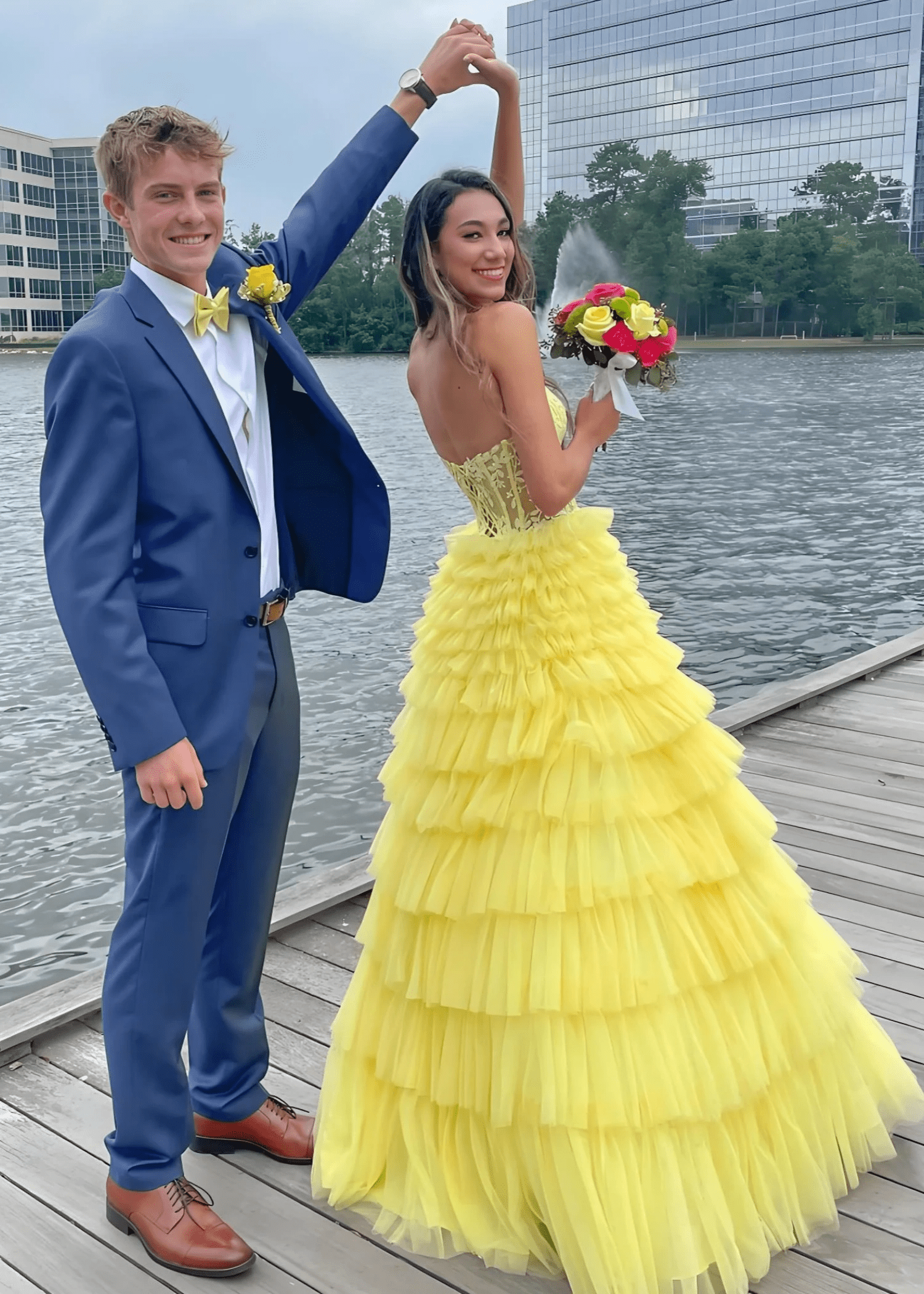 Annabelle |Sweetheart A Line Tiered Tulle Long Yellow Prom Dress - Yellow - US0 - PromDressClub