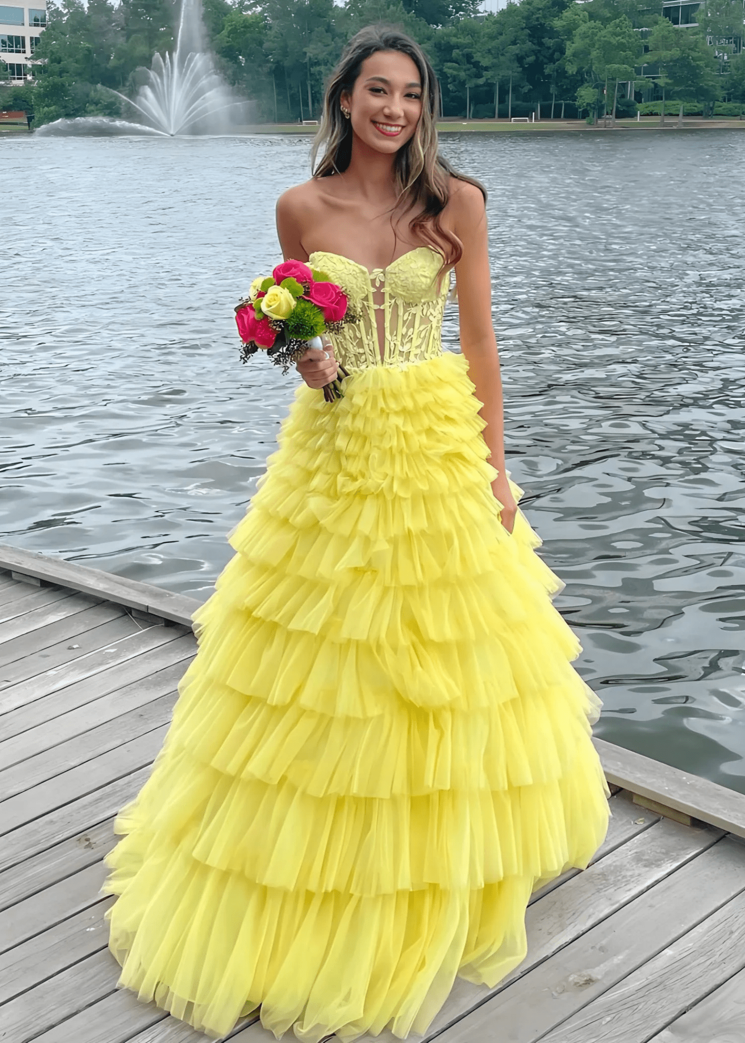 Annabelle |Sweetheart A Line Tiered Tulle Long Yellow Prom Dress - Yellow - US0 - PromDressClub