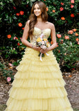 Annabelle |Sweetheart A Line Tiered Tulle Long Yellow Prom Dress - Yellow - US0 - PromDressClub