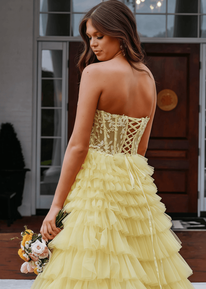 Annabelle | Yellow A Line Strapless Corset Tulle Prom Dress with Ruffles - Yellow - PromDressClub
