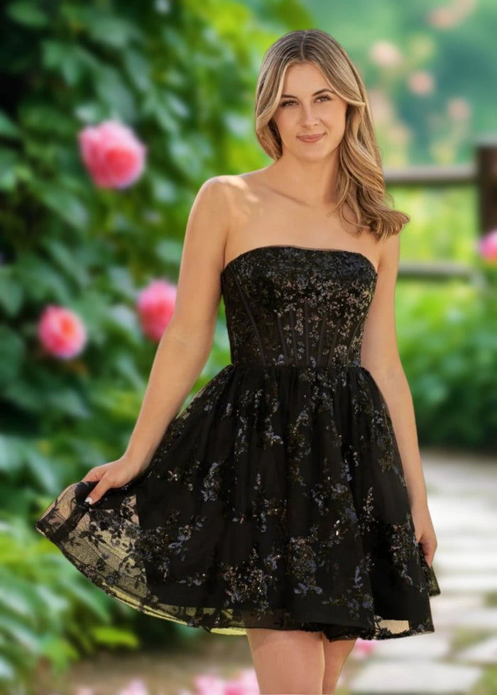 Annette | A Line Red Sequin Corset Strapless Short Homecoming Dress - Black - PromDressClub