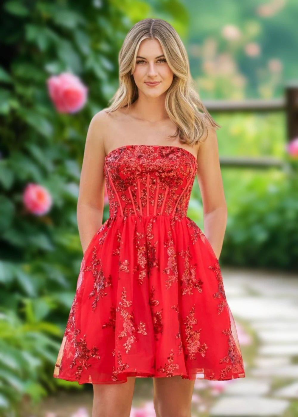 Annette | A Line Red Sequin Corset Strapless Short Homecoming Dress - Red - PromDressClub