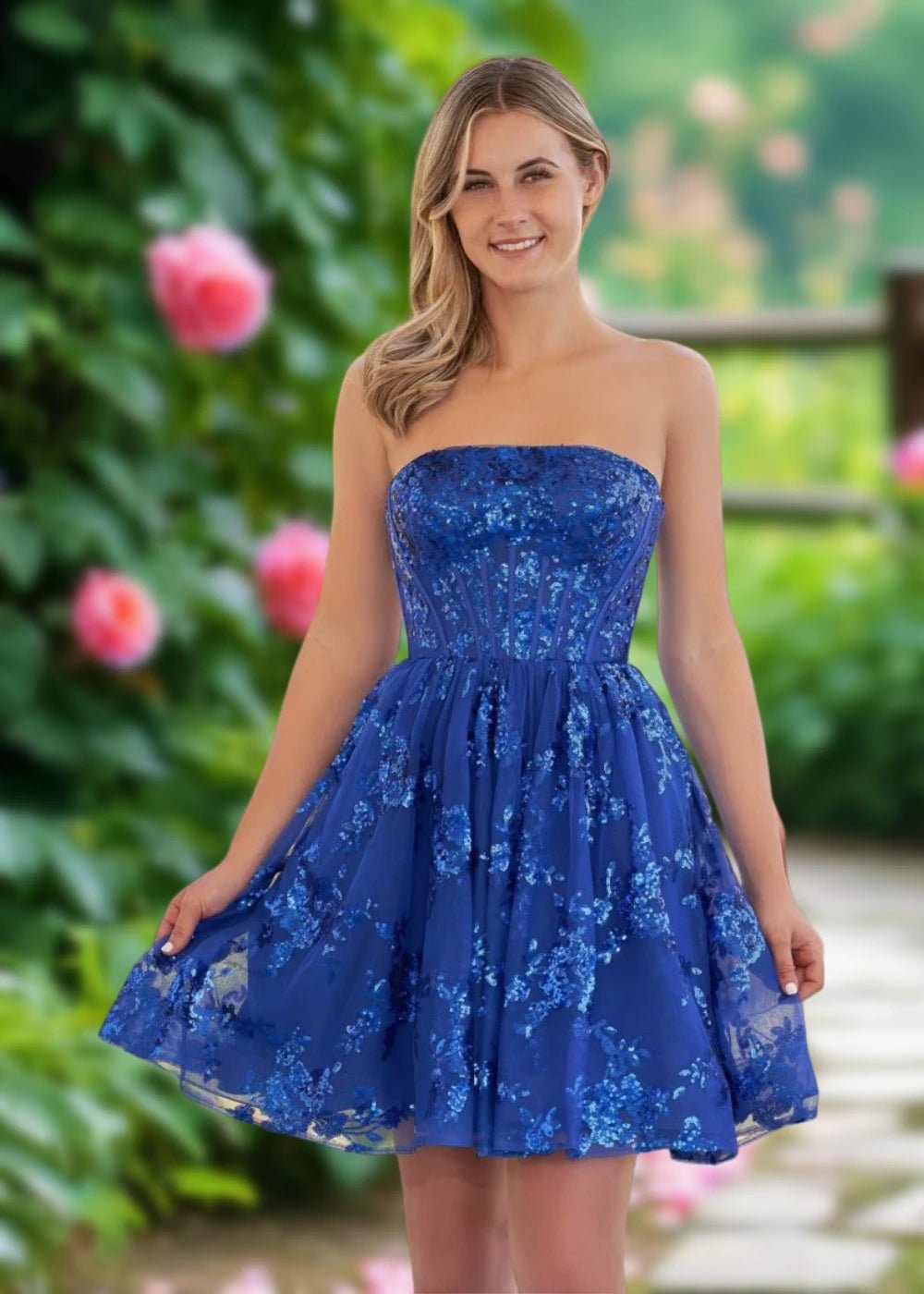 Annette | A Line Red Sequin Corset Strapless Short Homecoming Dress - Royal Blue - PromDressClub