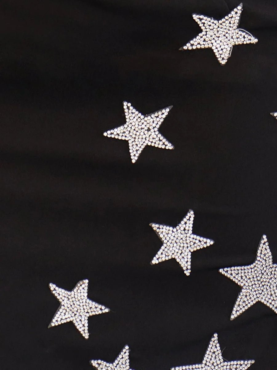 Antonia | Stylish Black Satin Strapless Fringe Cocktail Dress – Beaded Stars Design - Black - PromDressClub