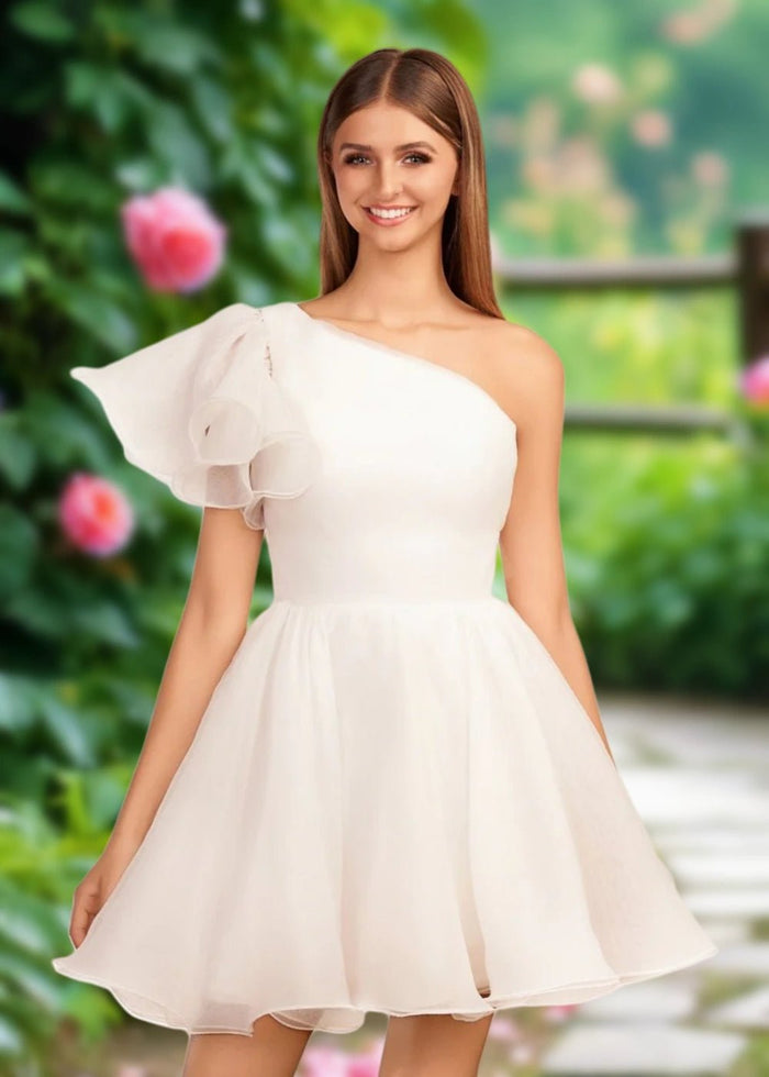 April | Mint Green Organza One Shoulder Ruffle A Line Homecoming Dress - Ivory - PromDressClub