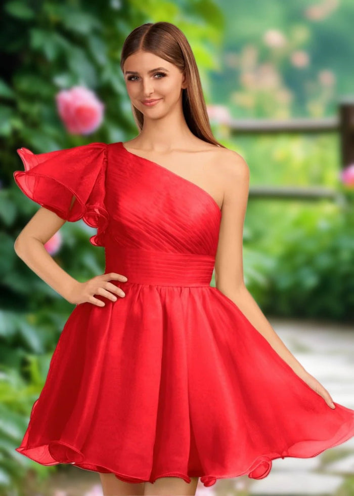 April | Mint Green Organza One Shoulder Ruffle A Line Homecoming Dress - Red - PromDressClub