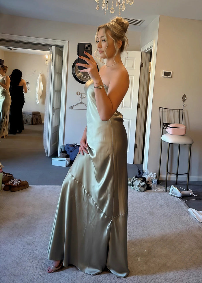 April | Sheath Strapless Skeleton Olive Green Satin Maxi Bridesmaid Dress with Backless and Buttons - Price #price_variant_lowest# - Olive Green - PromDressClub