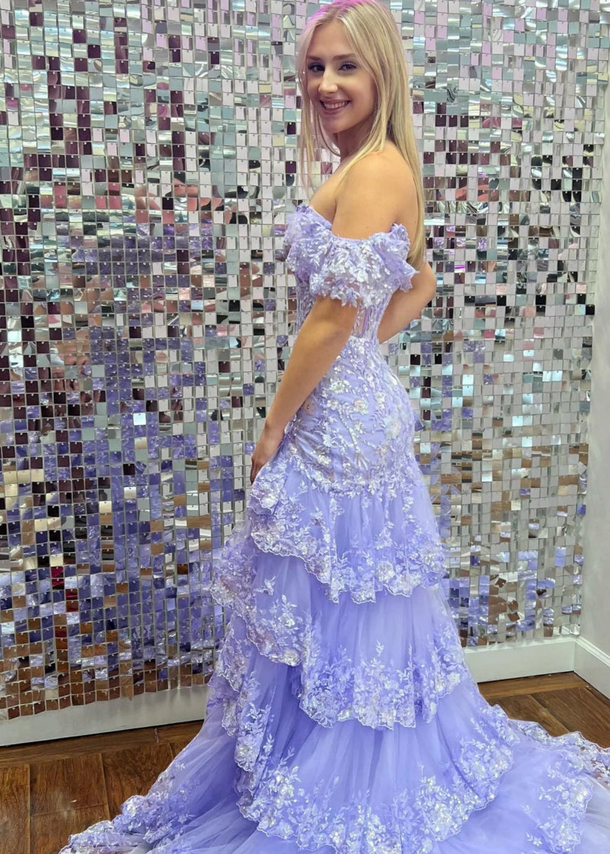 Arlene | A Line Black Strapless Corset Prom DressRuffles with Slit - Lavender - PromDressClub