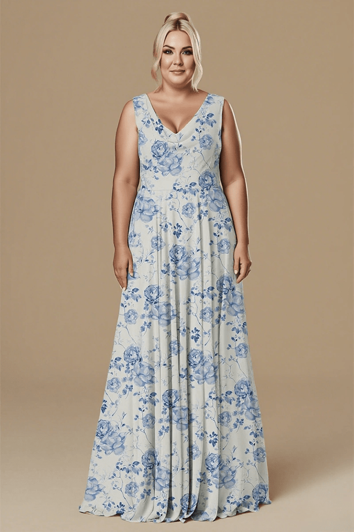Astounding Aura Blue Floral Bridesmaid Dress: Flattering & Comfortable Wedding Wear - Blue Floral - PromDressClub