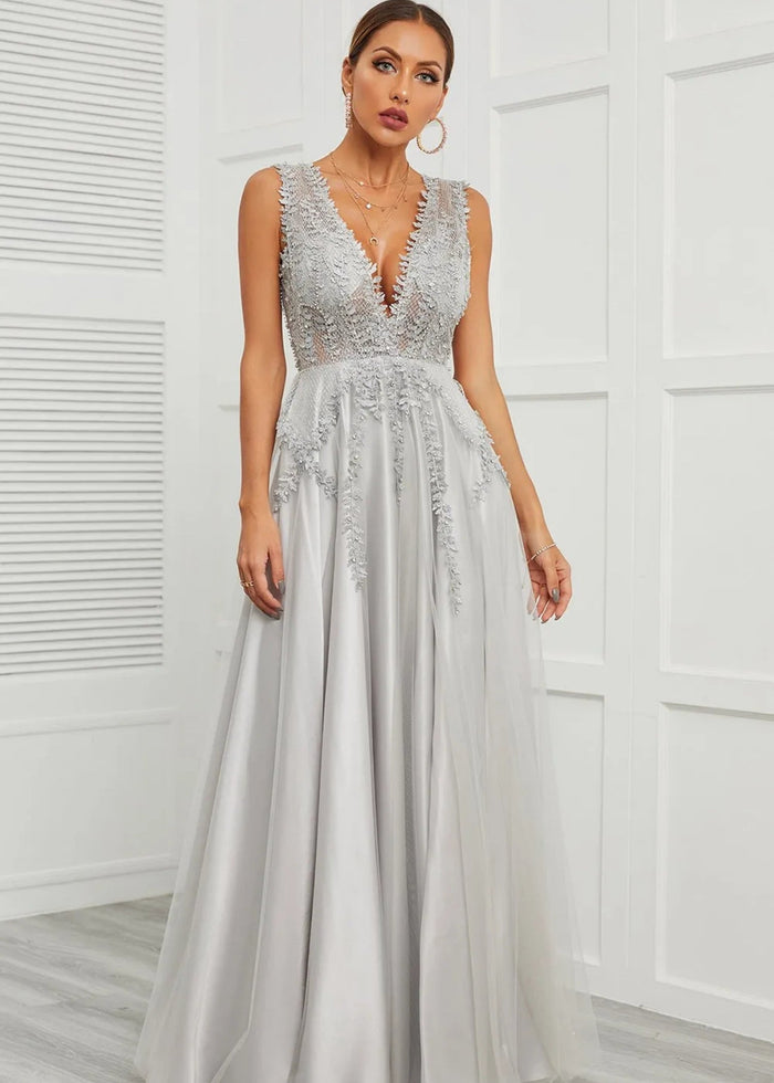 Astrid | Deep V Neck Long Grey Prom Dress with A - Line Appliques - Grey - PromDressClub