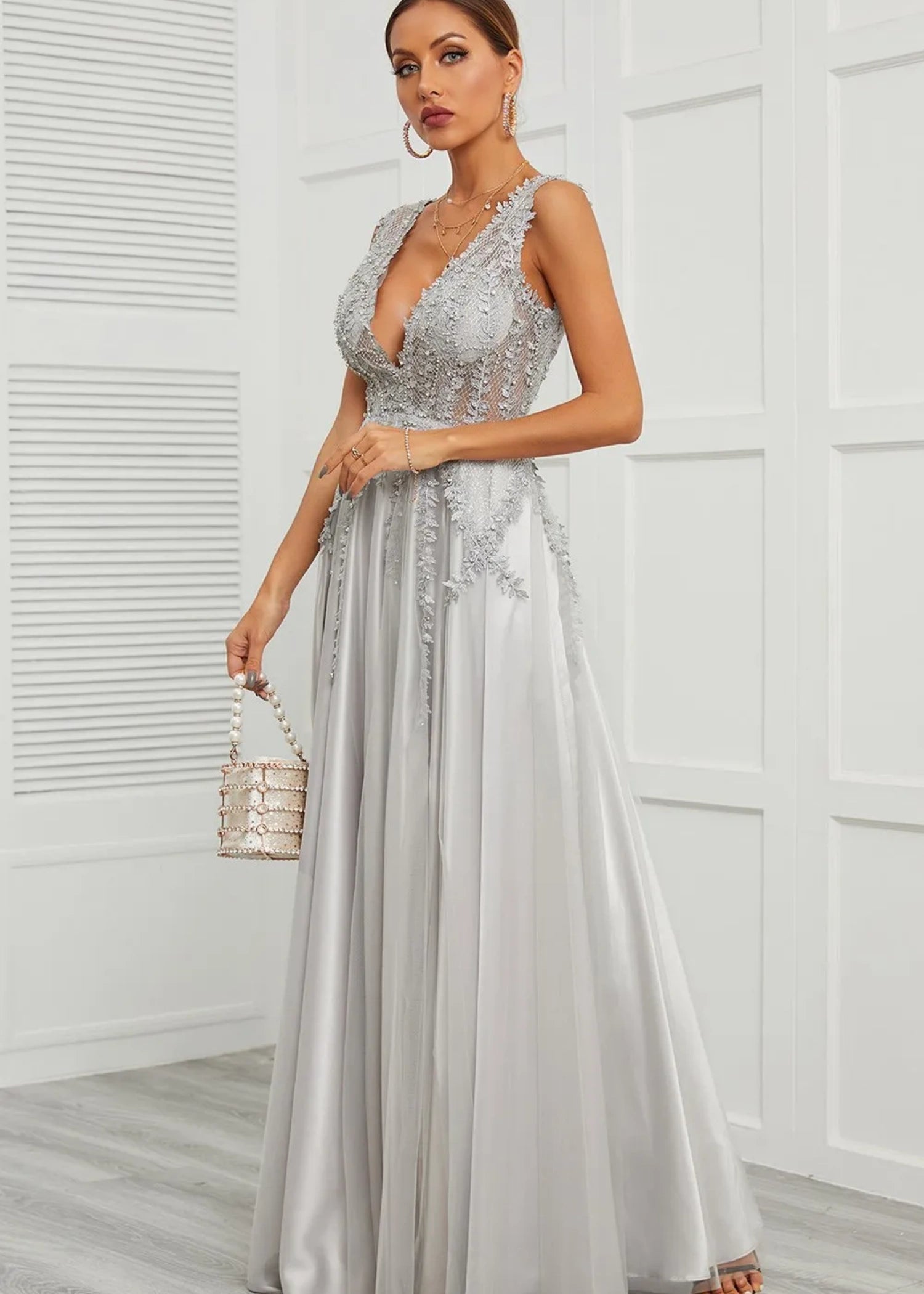 Astrid | Deep V Neck Long Grey Prom Dress with A - Line Appliques - Grey - US0 - PromDressClub