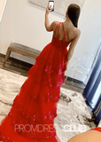 Athena |Red Dress Prom Long A - Line Sequin One Shoulder Tiered With Slit - Red - PromDressClub