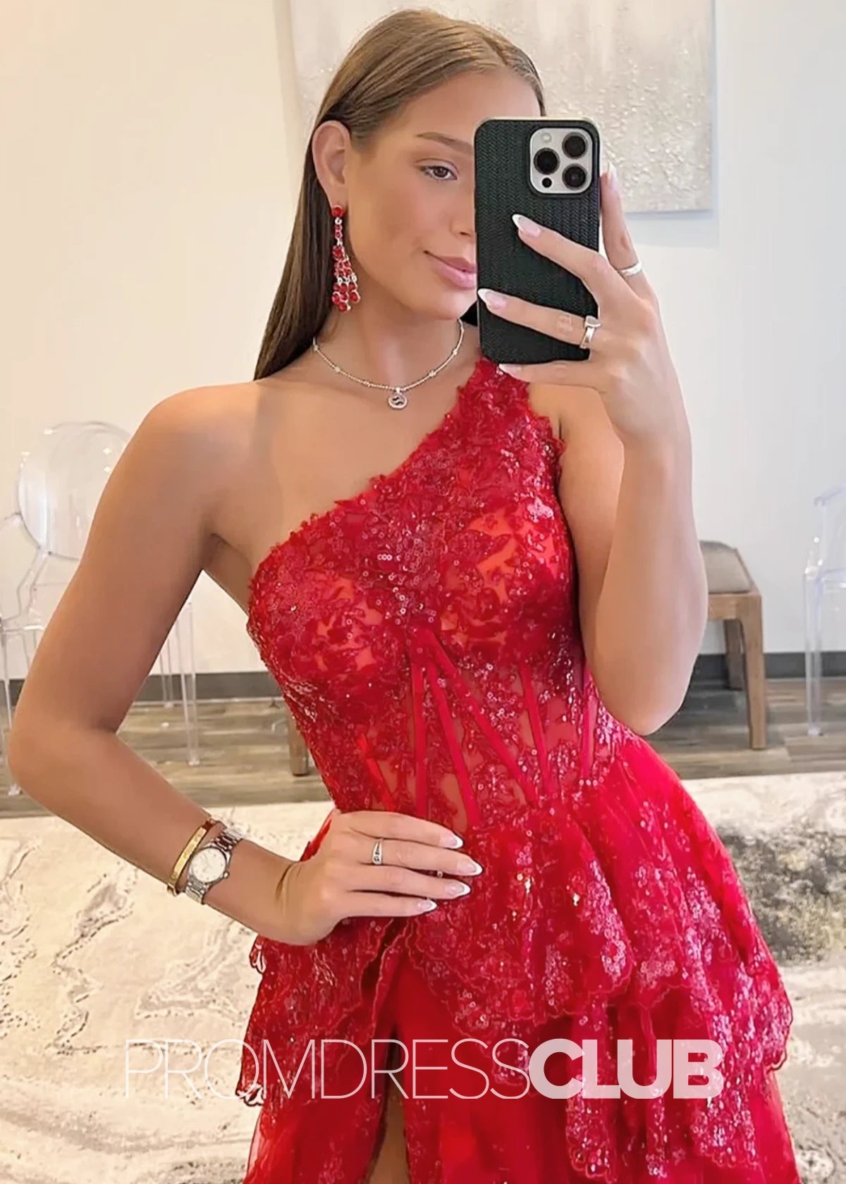 Athena |Red Dress Prom Long A - Line Sequin One Shoulder Tiered With Slit - Red - PromDressClub