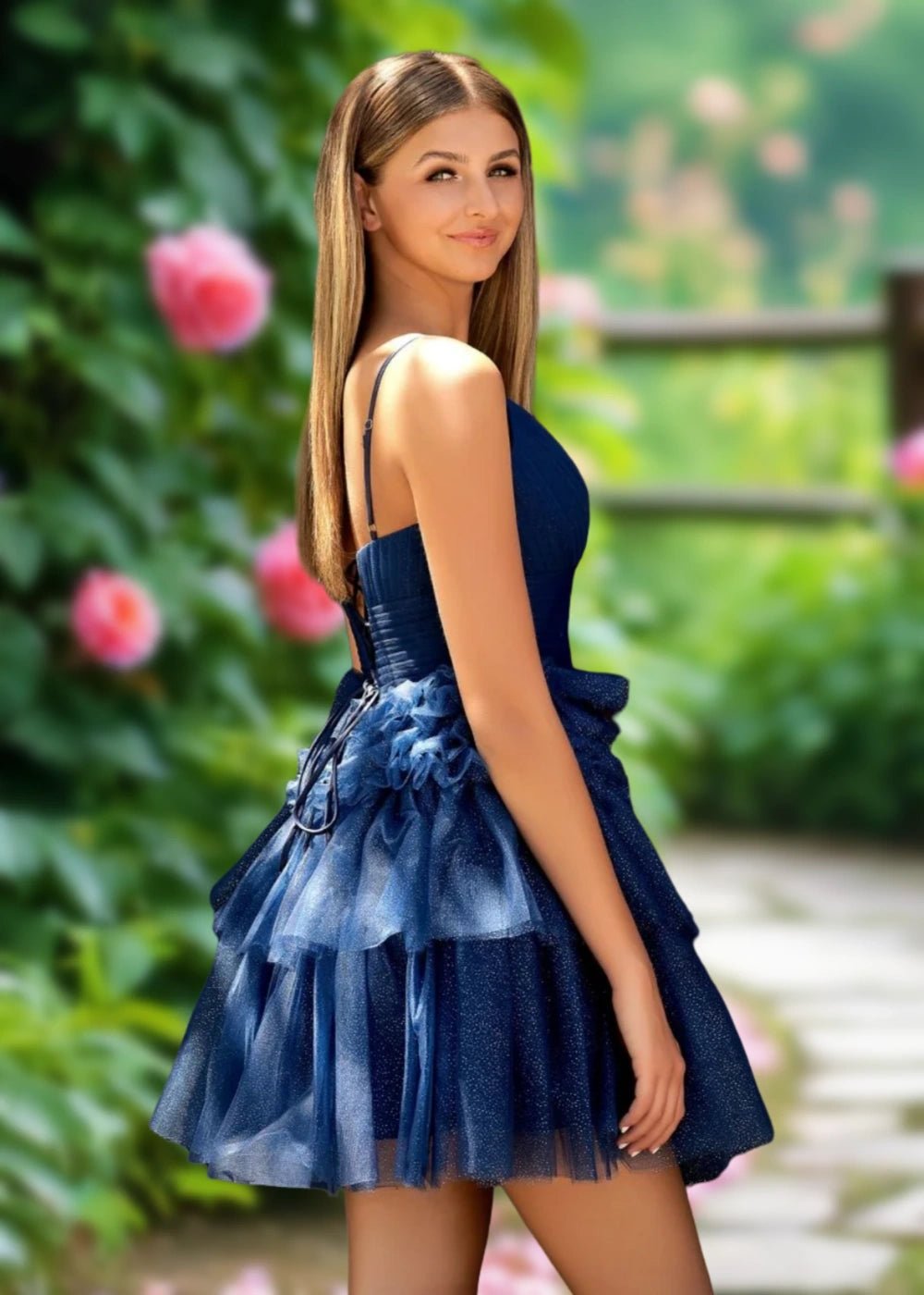 Audrey | A Line Light Pink Tulle Corset Tiered Ruffle Short Homecoming Dress - Navy Blue - PromDressClub
