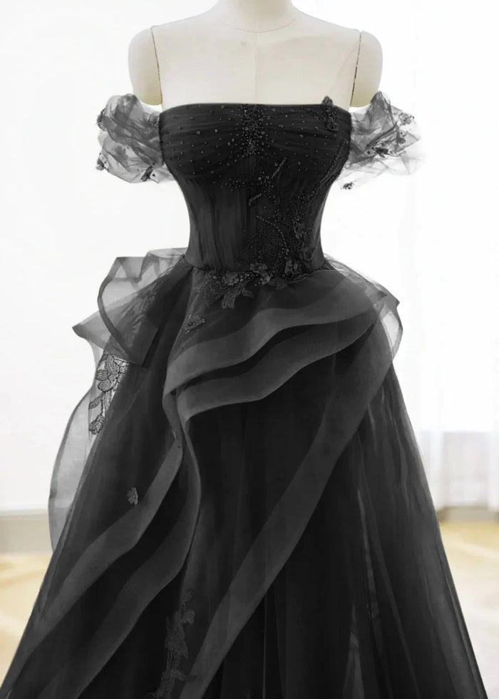 Audrey | A Line/Princess Sage Green Off the Shoulder Corset Ruffle Prom Dress - Black - PromDressClub