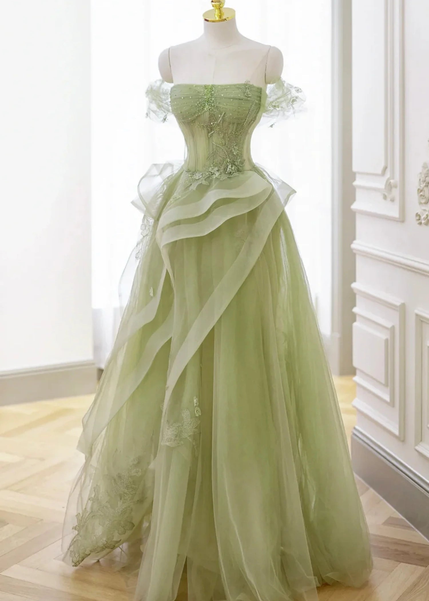 Audrey |A - Line Off the Shoulder Tulle Lace Green Long Prom Dress with Corset, Green Formal Party Dress - Green - US0 - PromDressClub