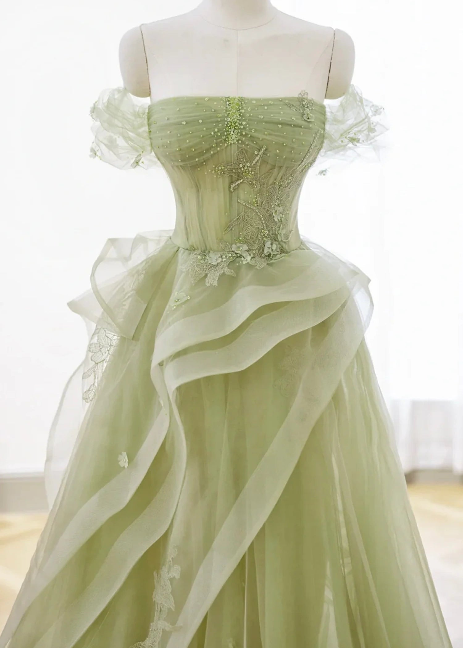 Audrey |A - Line Off the Shoulder Tulle Lace Green Long Prom Dress with Corset, Green Formal Party Dress - Green - US0 - PromDressClub