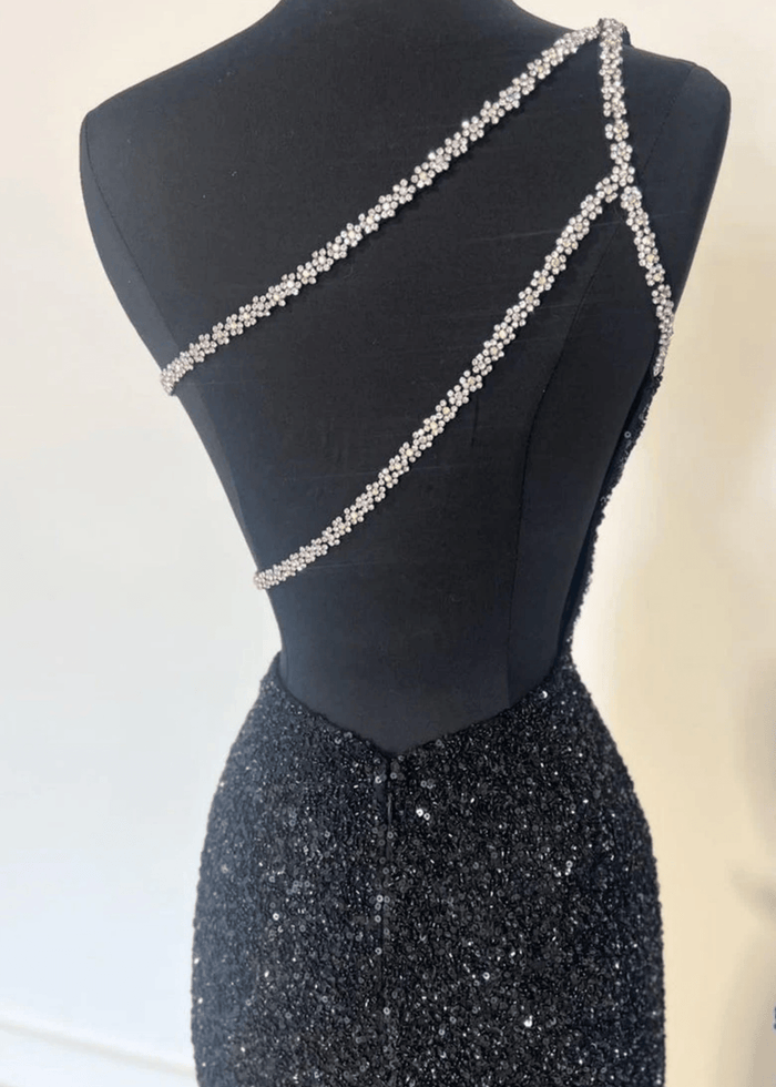 Audrey | Black Mermaid One Shoulder Beaded Prom Dress with Slit - Royal Blue - PromDressClub