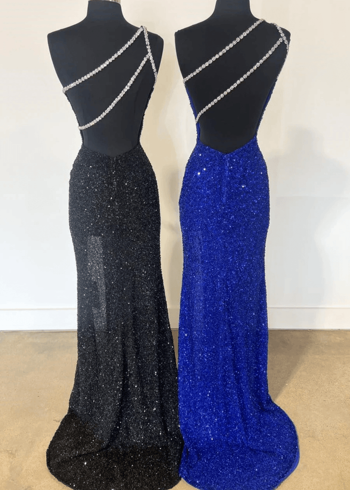 Audrey | Black Mermaid One Shoulder Beaded Prom Dress with Slit - Royal Blue - PromDressClub