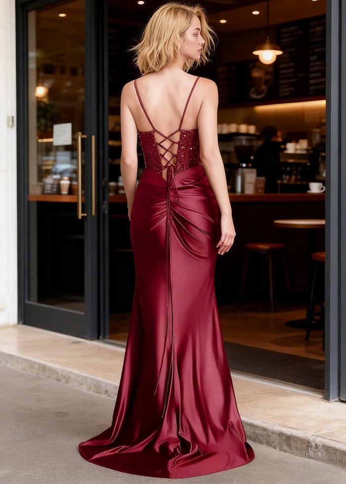 Aureate Burgundy Mermaid Pleated Prom Dress | Cowl Neck Corset Sequins Dress with Slit - US0 - PromDressClub